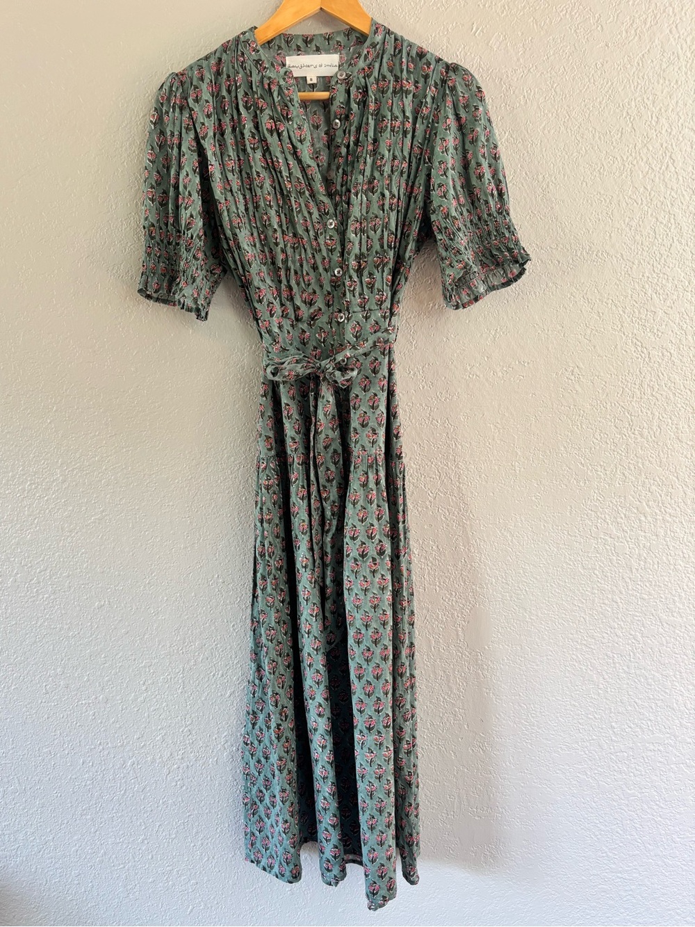 Daughters of India Prairie Dress in Sage Floral Block Print Cotton Midi Size S